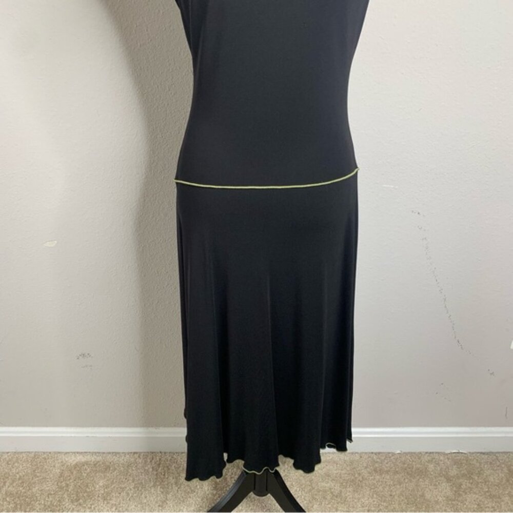 NWT Maxi Studio Black With Green Piping & Shoulder Bow Asymmetrical Midi Dress - Picture 10 of 14